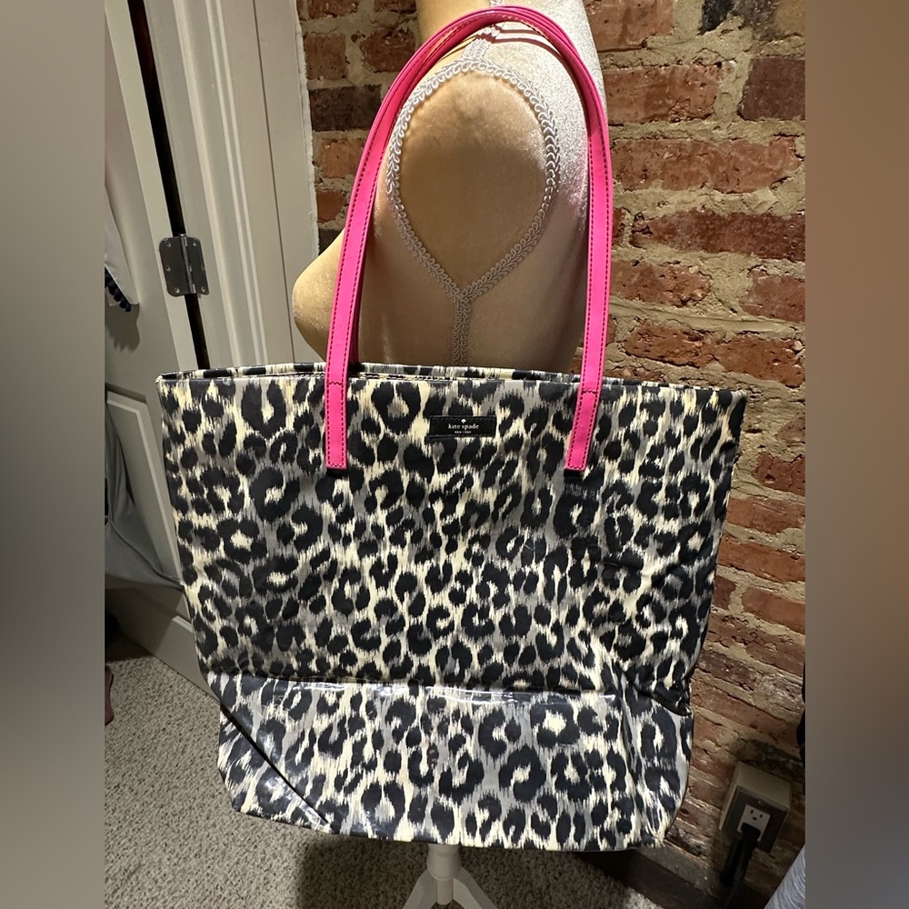 Kate Spade Black and White Leopard Tote with Pink Straps